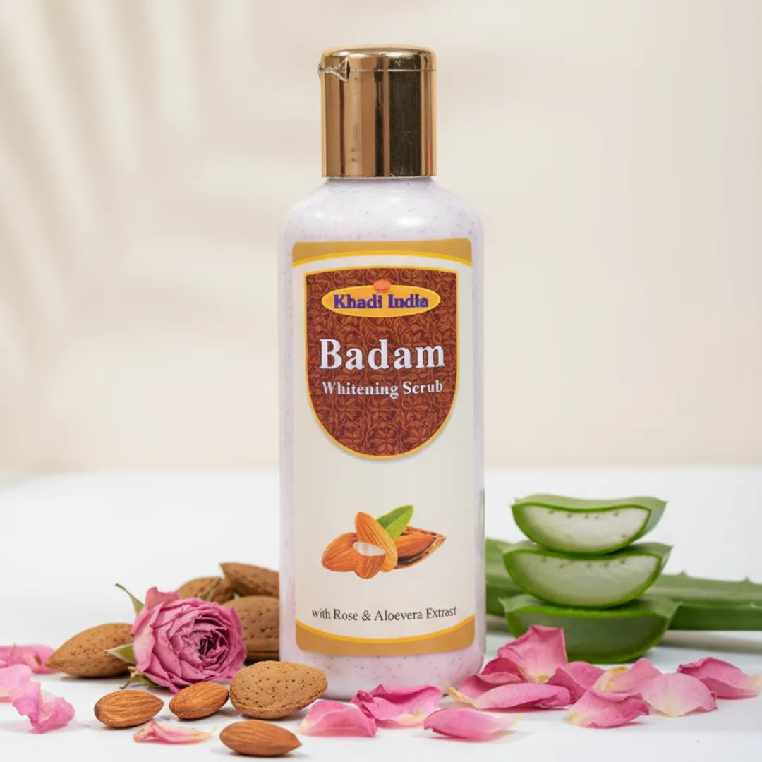 Khadi Ayurveda Badam Whitening Scrub with Rose & Aloe Vera – Deep Exfoliation and Skin Brightening for Radiant Glow 210ml