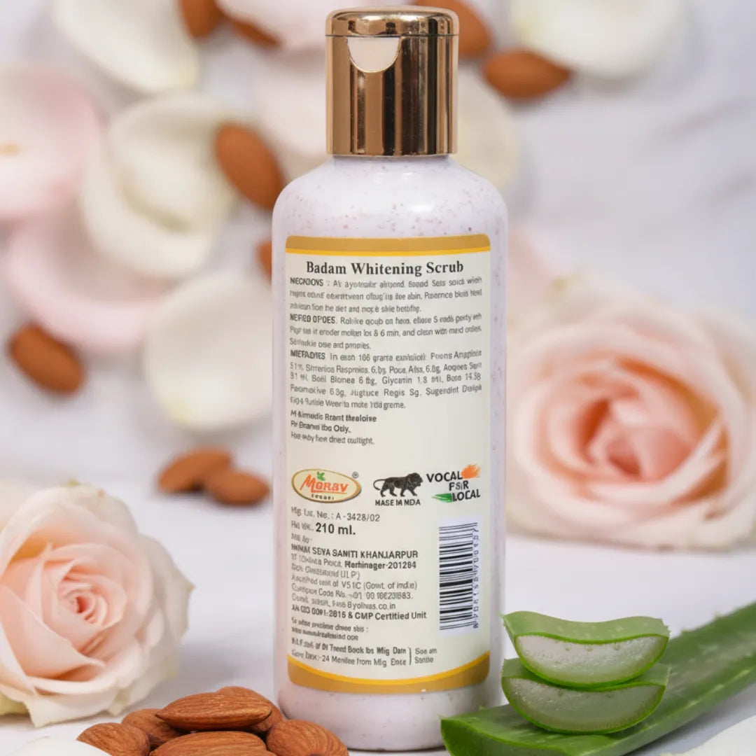 Khadi Ayurveda Badam Whitening Scrub with Rose & Aloe Vera – Deep Exfoliation and Skin Brightening for Radiant Glow 210ml